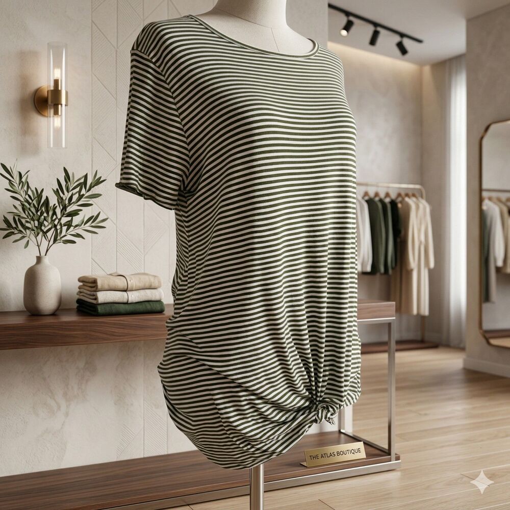 Pink Clover Knotted Olive and White Striped Tee Tunic Size Small
